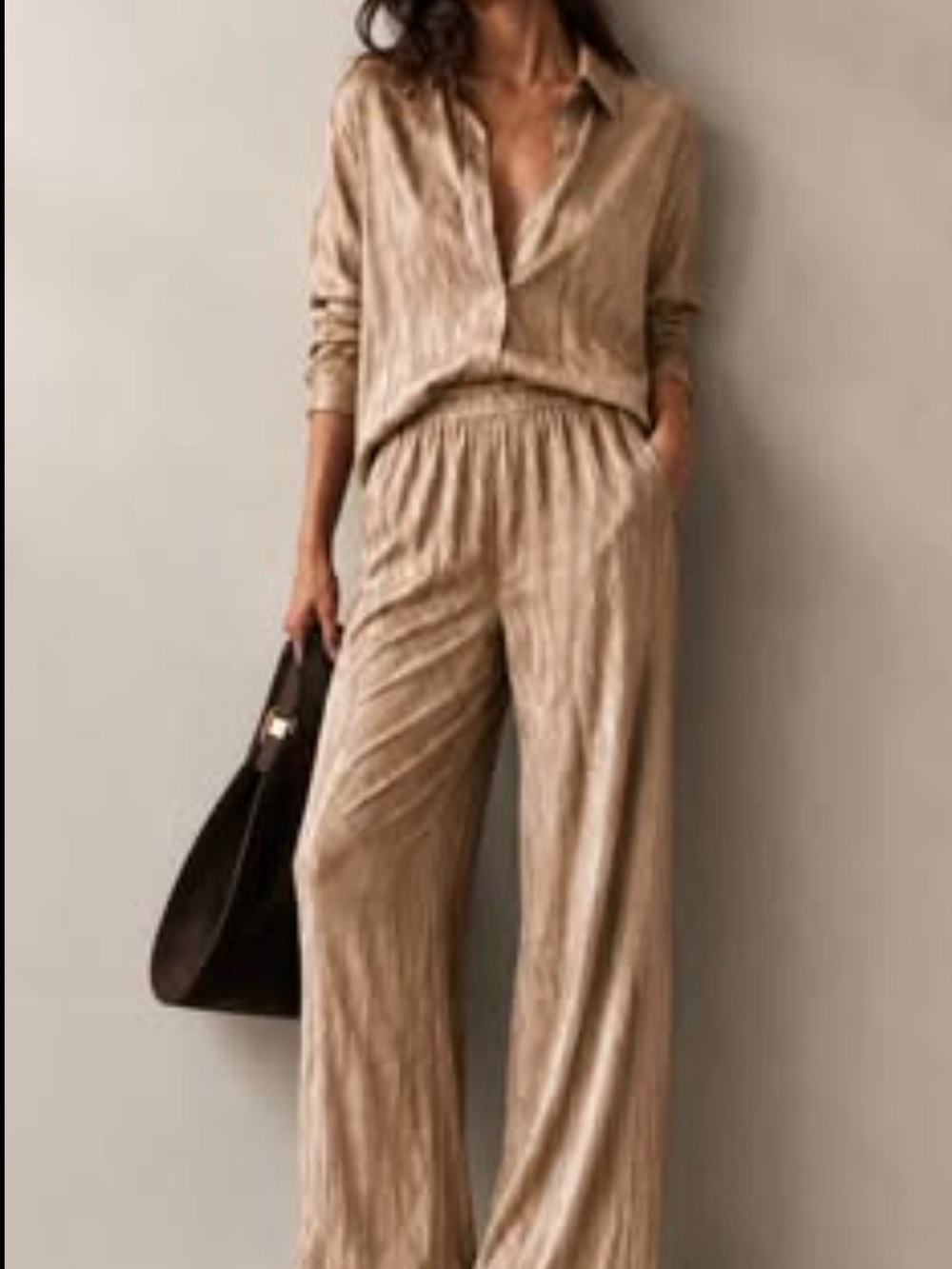 Hem & Thread Wide-Leg High-Waist Relaxed set sz M - Beige * blouse & pants